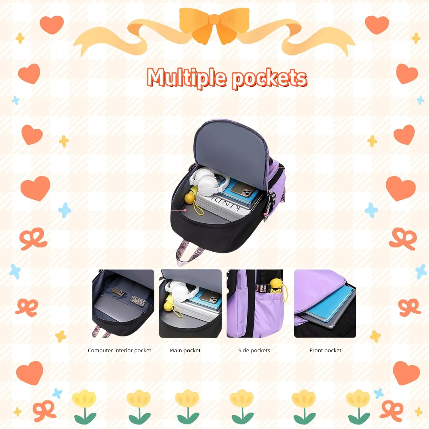 Girls Backpack Color-blocking Teenage Bookbag Nylon Waterproof Kids Elementary Middle Schoolbag