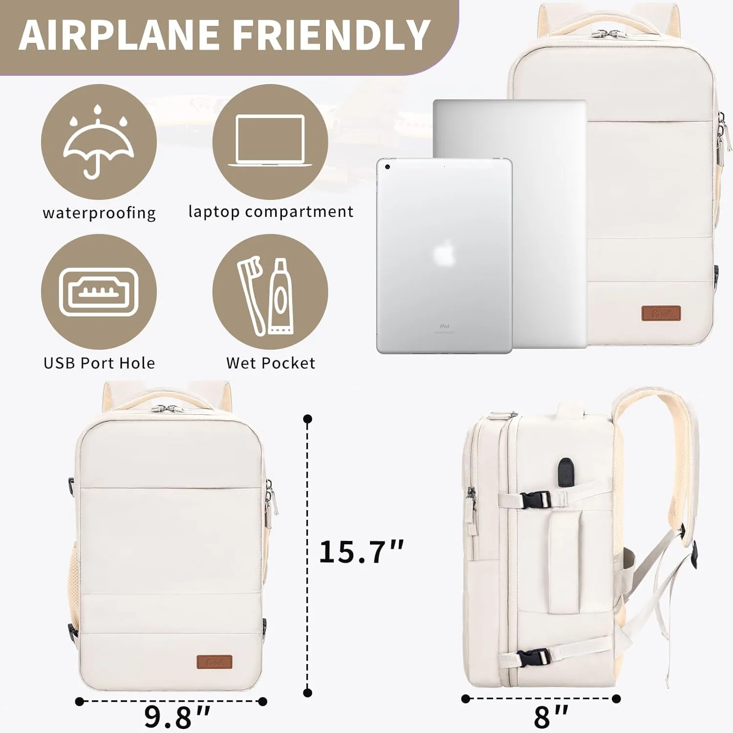 GMAK Travel Backpack for Men Women, Carry on Backpack with USB Charging Port, 15.6 inch Laptop Backpack Lightweight Cabin Bag Casual Daypack 20L Luggage Bags for College, Business, Travel, Beige