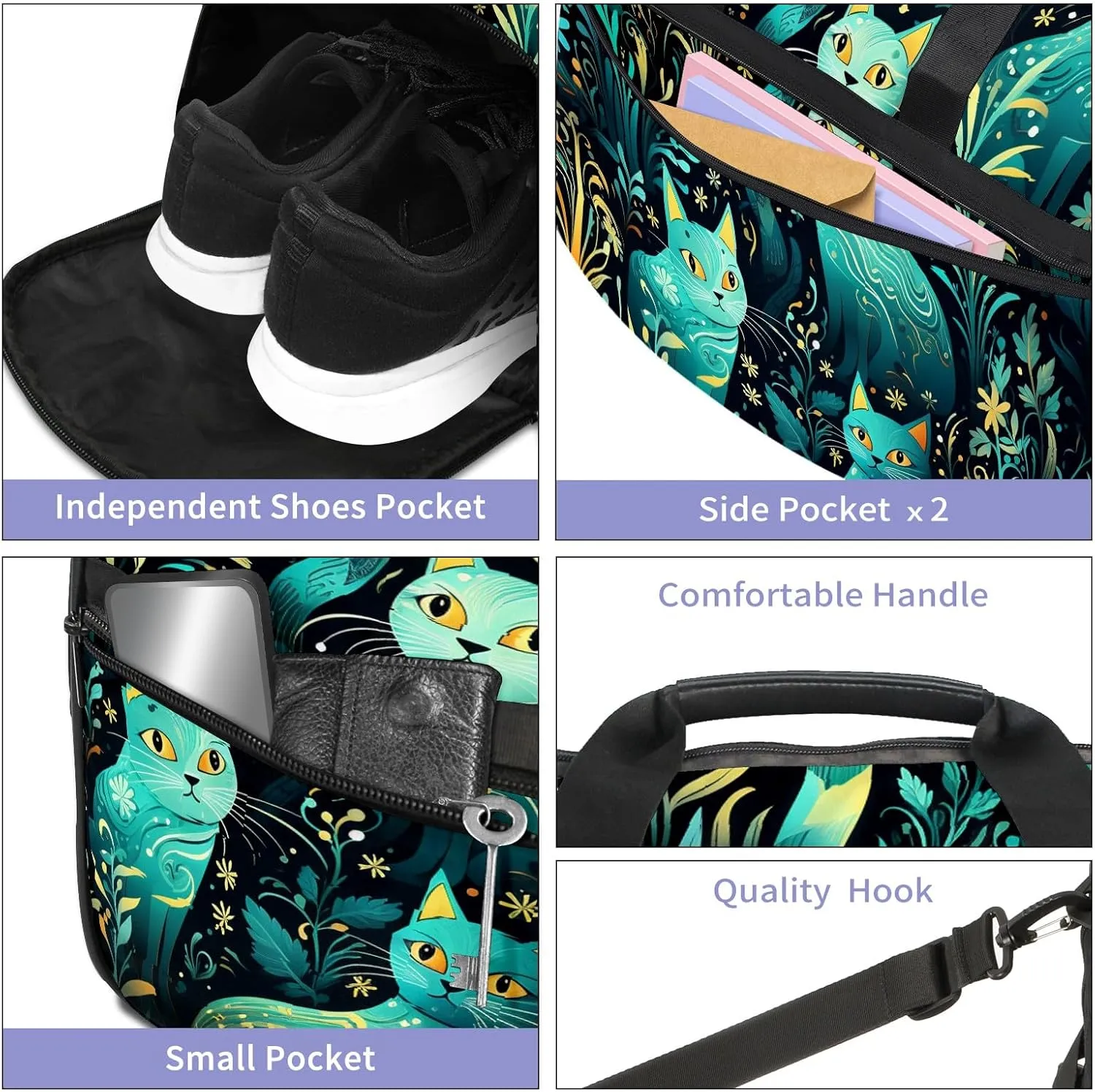 Gym Bag for Women, Carry on Weekender Overnight Bag, Travel Duffel Bags, Personal Item Travel Bag Tote Bag Workout Dance Bag, Cat - 20
