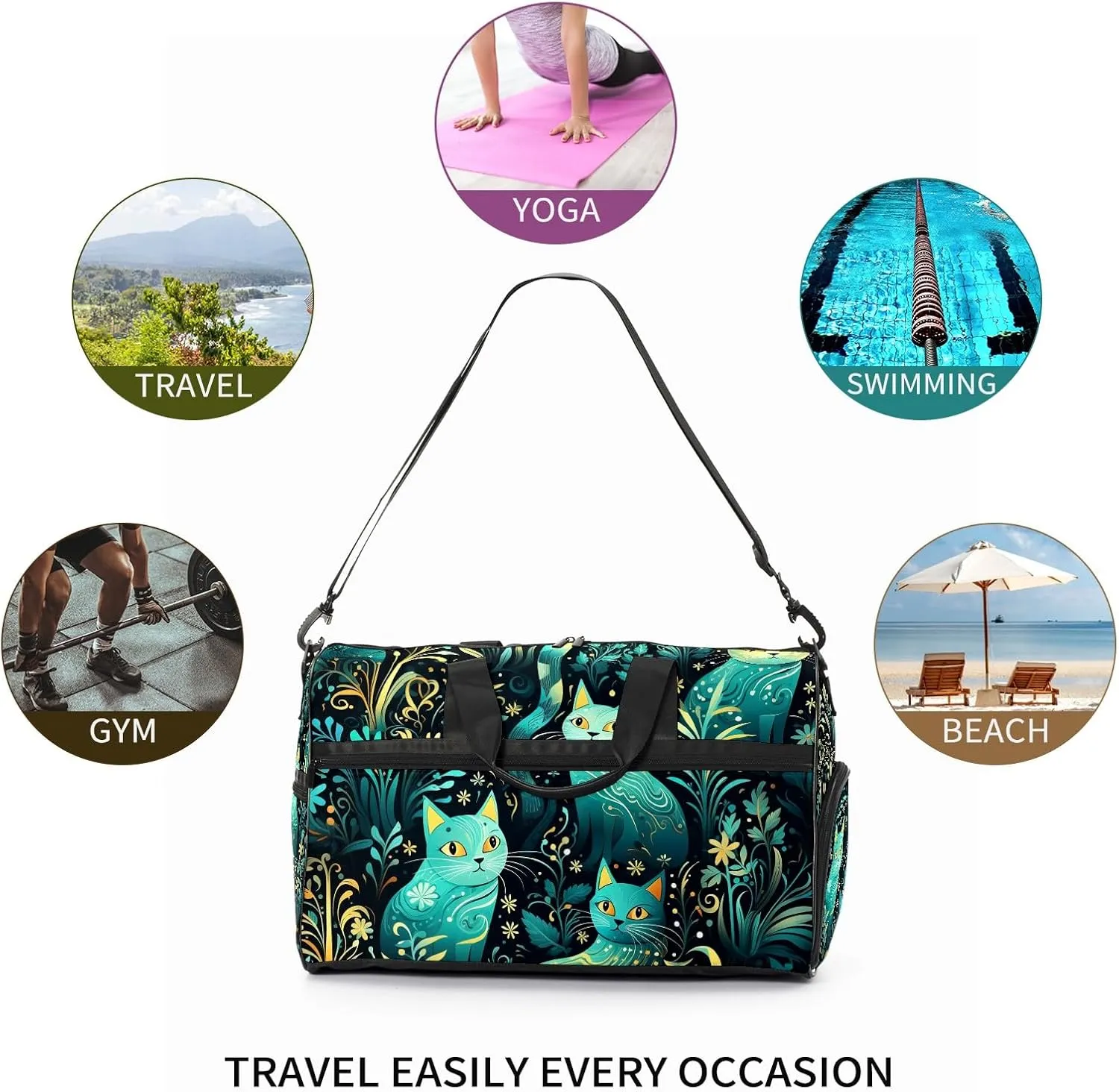 Gym Bag for Women, Carry on Weekender Overnight Bag, Travel Duffel Bags, Personal Item Travel Bag Tote Bag Workout Dance Bag, Cat - 20