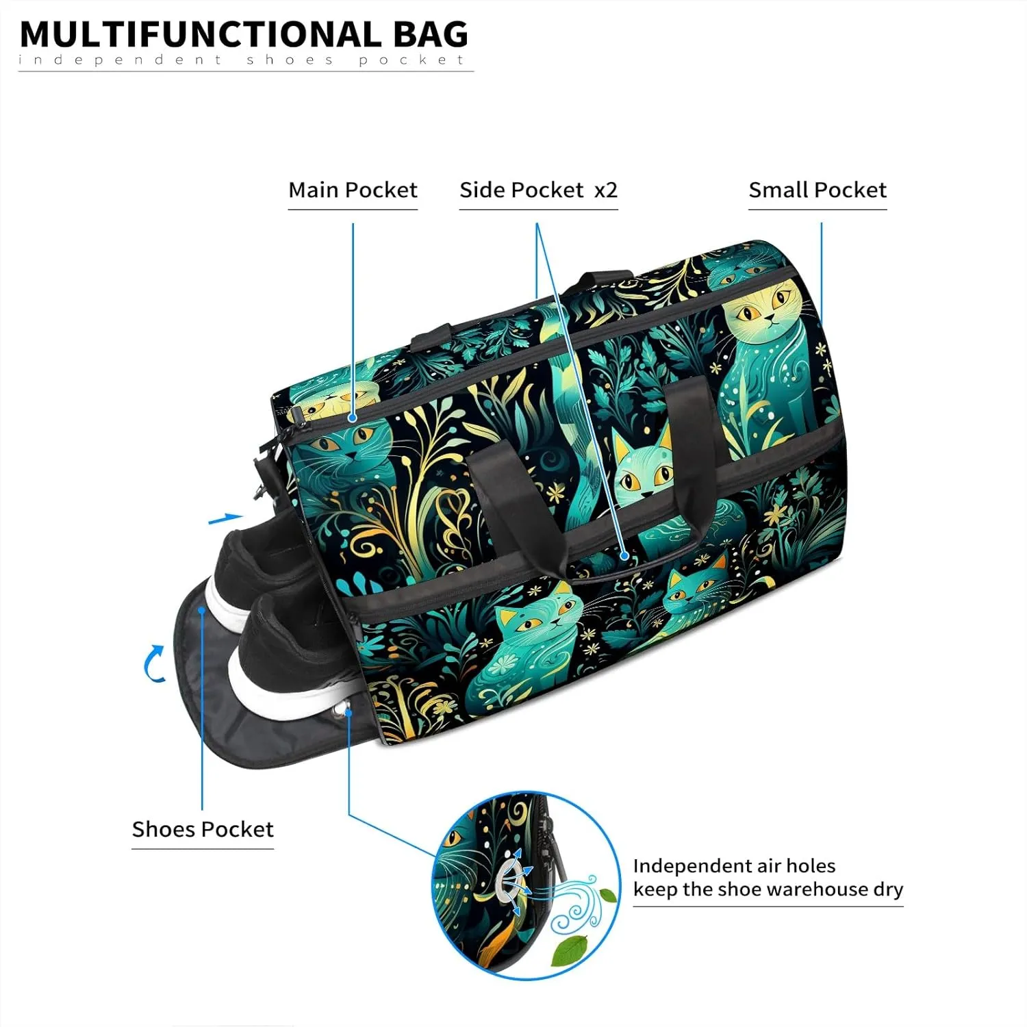 Gym Bag for Women, Carry on Weekender Overnight Bag, Travel Duffel Bags, Personal Item Travel Bag Tote Bag Workout Dance Bag, Cat - 20