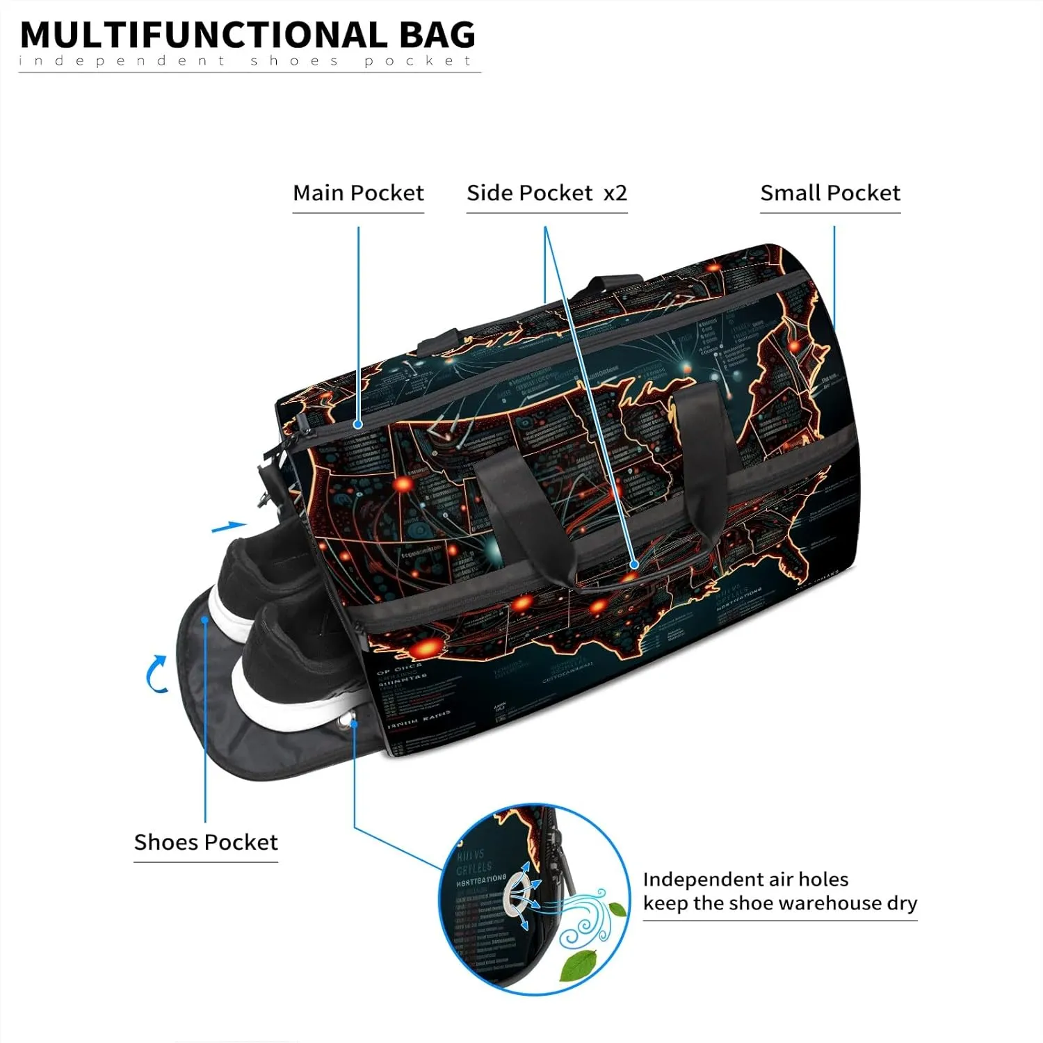 Gym Bag for Women Men, Yoga Bag with Shoe Pocket, Travel Duffel Tote Bag for Plane, Workout, Swimming, Weekend Overnight Bag Carry on Bag Hospital Holdalls, America Map - 42
