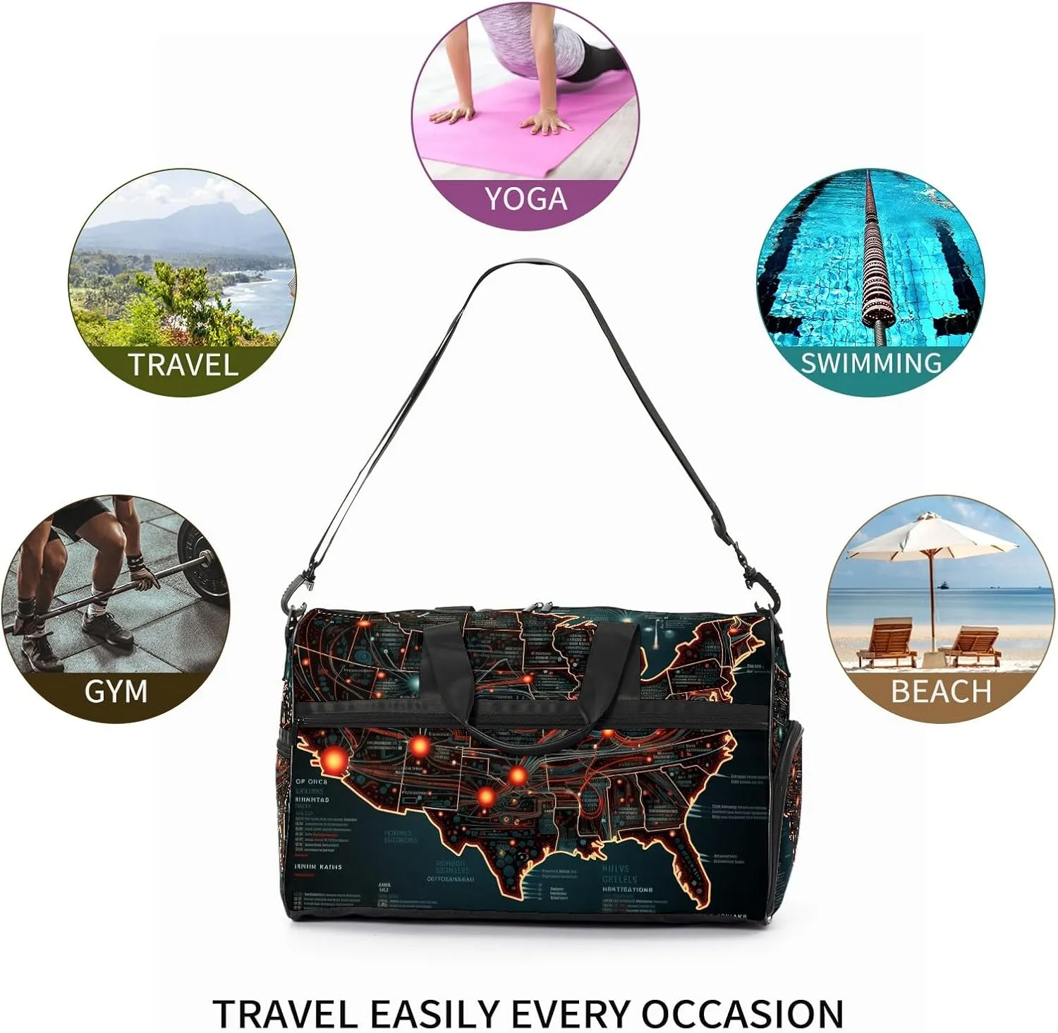 Gym Bag for Women Men, Yoga Bag with Shoe Pocket, Travel Duffel Tote Bag for Plane, Workout, Swimming, Weekend Overnight Bag Carry on Bag Hospital Holdalls, America Map - 42