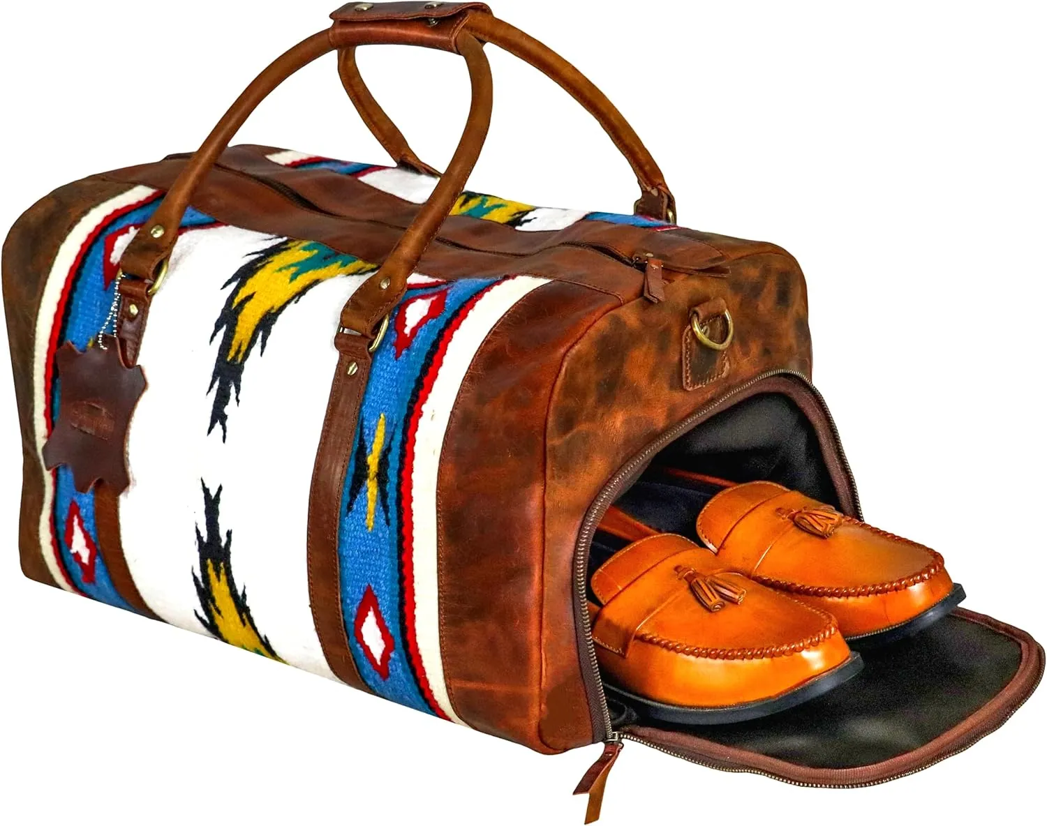 Handmade Premium Duffle Bag leather heavy duty Gym Sports Airplane Overnight Luggage Carry On Unisex Travel woven Rug Bag Wollen Hand Bag Gift for His/Her (RUG DUFFLE BAG MODULE_01)