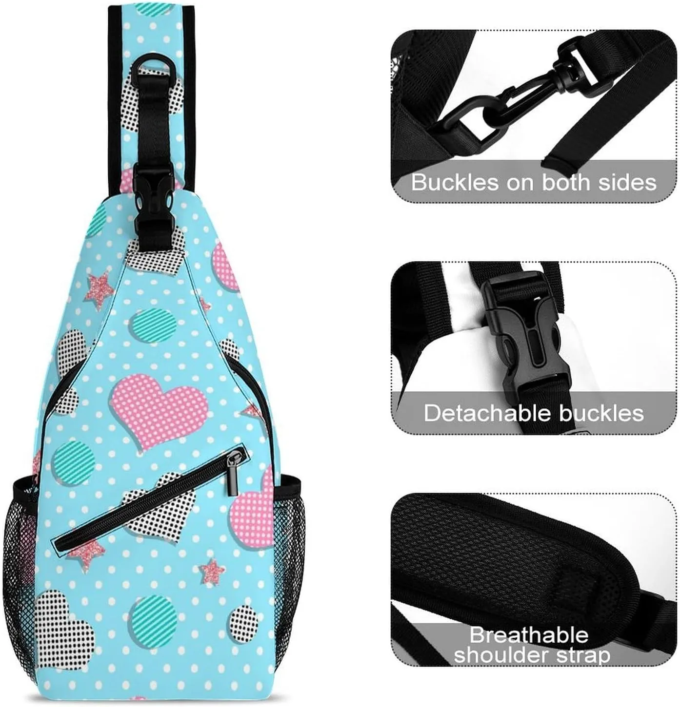 Hearts-glitter-stars Sling Bag Crossbody Backpack for Men Women Chest Bag For Travel Hiking Cycling Camping, 38x20cm, Style-4