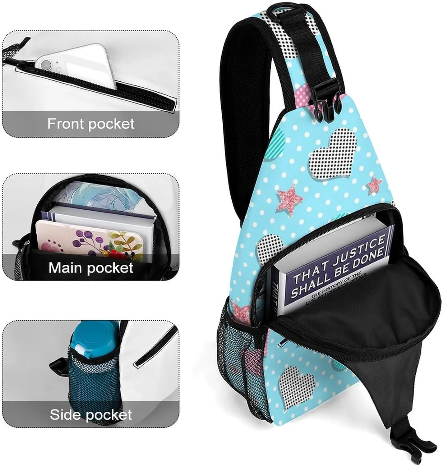Hearts-glitter-stars Sling Bag Crossbody Backpack for Men Women Chest Bag For Travel Hiking Cycling Camping, 38x20cm, Style-4