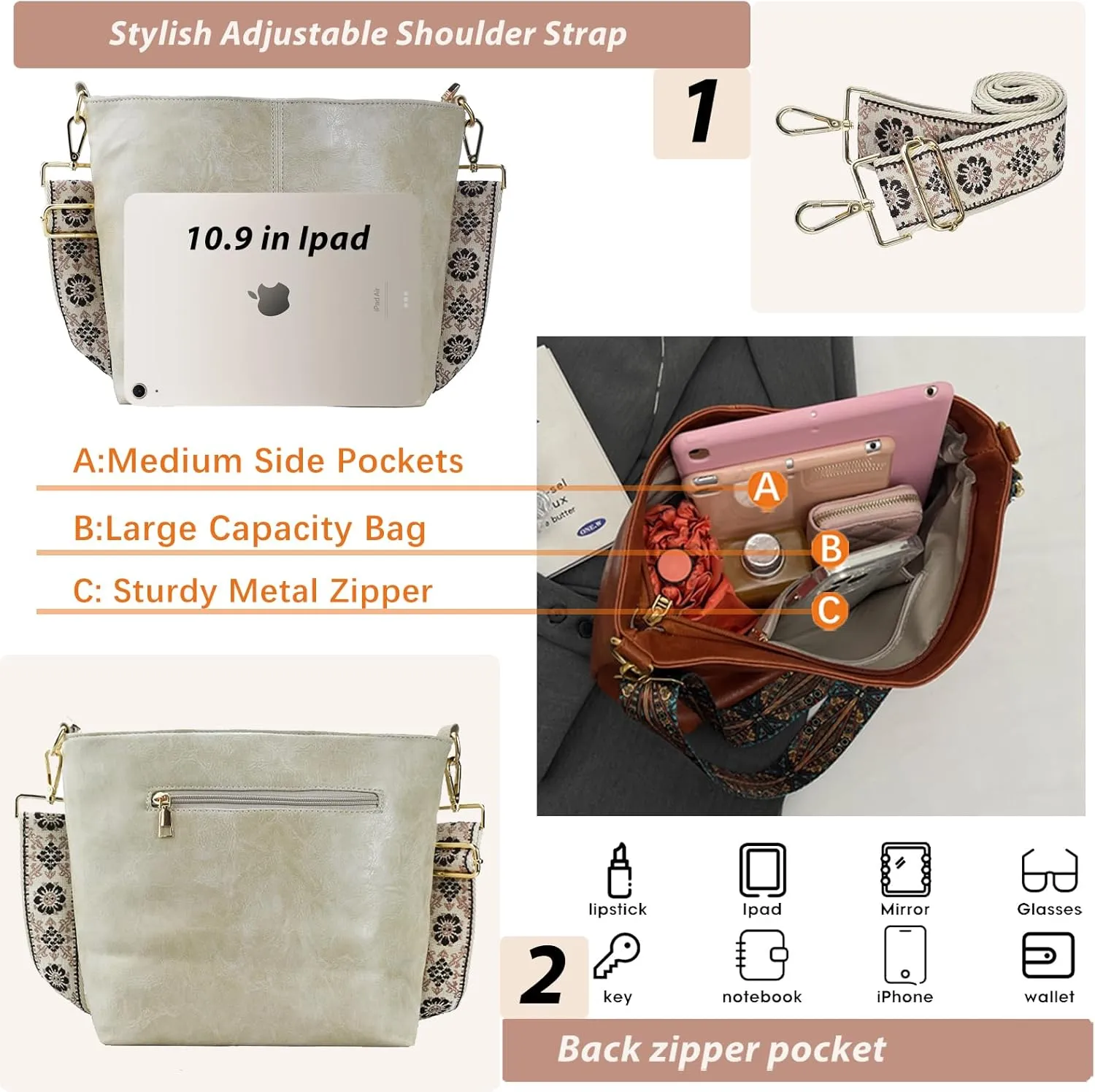 Hobo Bags Vegan Leather Crossbody Bag Guitar Strap Shoulder Purses with Zipper Handbags for Women