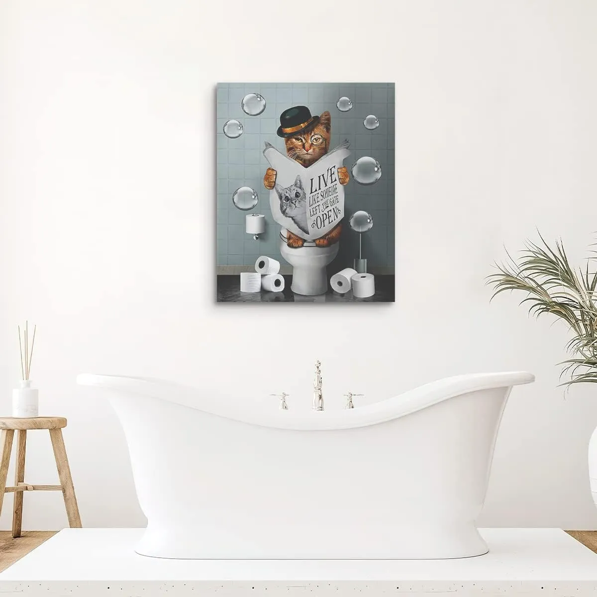 Kateflower Bathroom Decor Canvas Wall Art Cute Cat Sitting in Toilet Reading Newspaper Pictures Farmhouse Animals Painting for Artwork Framed 12''x16''