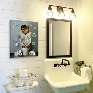 Kateflower Bathroom Decor Canvas Wall Art Cute Cat Sitting in Toilet Reading Newspaper Pictures Farmhouse Animals Painting for Artwork Framed 12''x16''