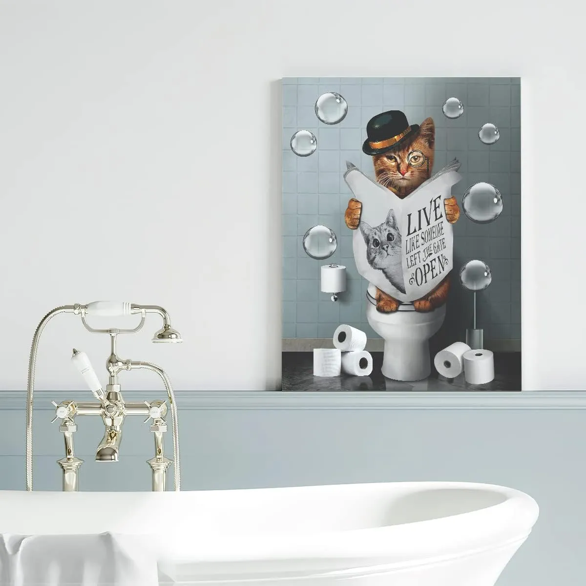 Kateflower Bathroom Decor Canvas Wall Art Cute Cat Sitting in Toilet Reading Newspaper Pictures Farmhouse Animals Painting for Artwork Framed 12''x16''