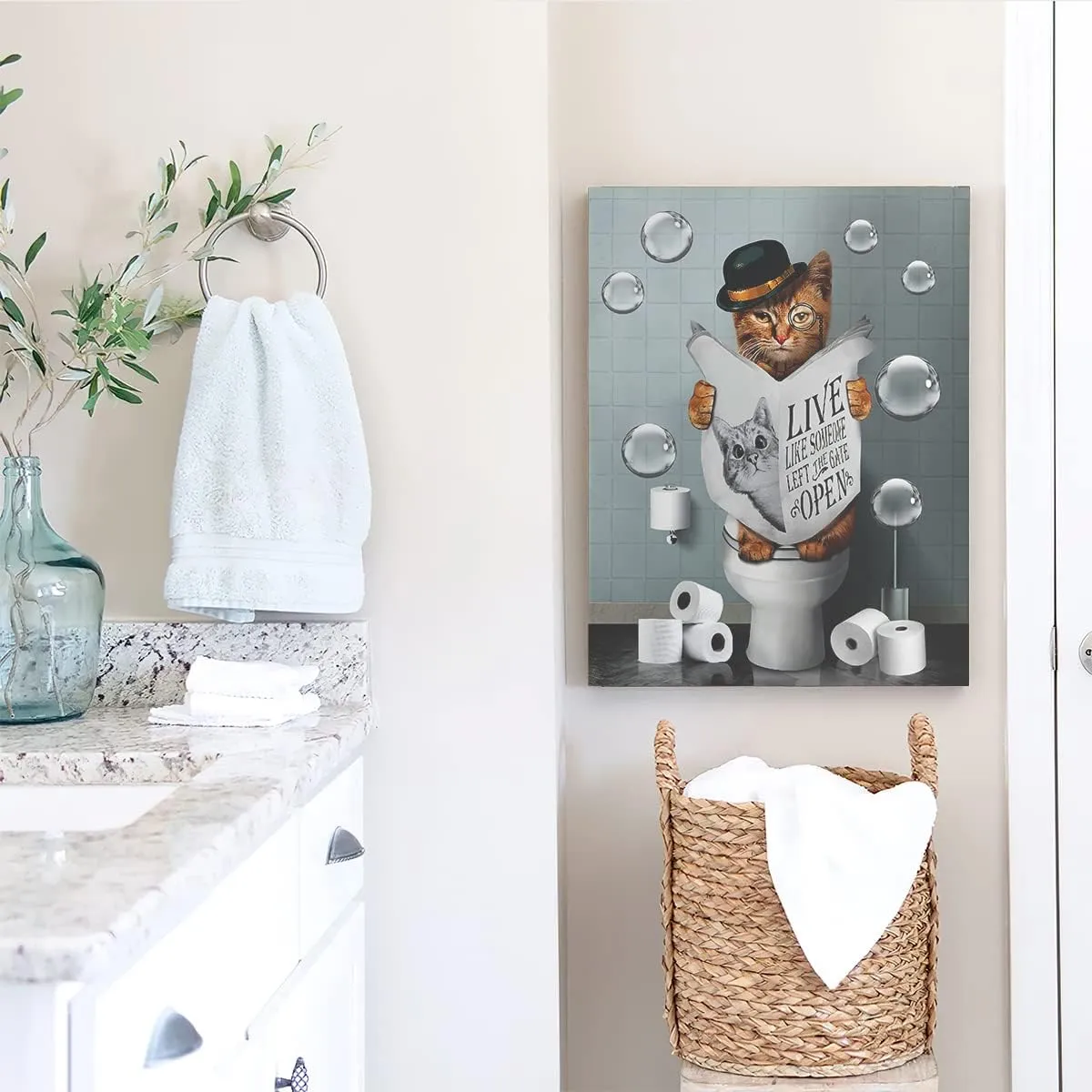 Kateflower Bathroom Decor Canvas Wall Art Cute Cat Sitting in Toilet Reading Newspaper Pictures Farmhouse Animals Painting for Artwork Framed 12''x16''
