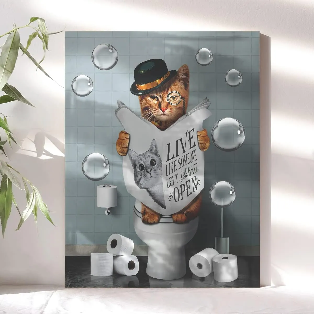 Kateflower Bathroom Decor Canvas Wall Art Cute Cat Sitting in Toilet Reading Newspaper Pictures Farmhouse Animals Painting for Artwork Framed 12''x16''