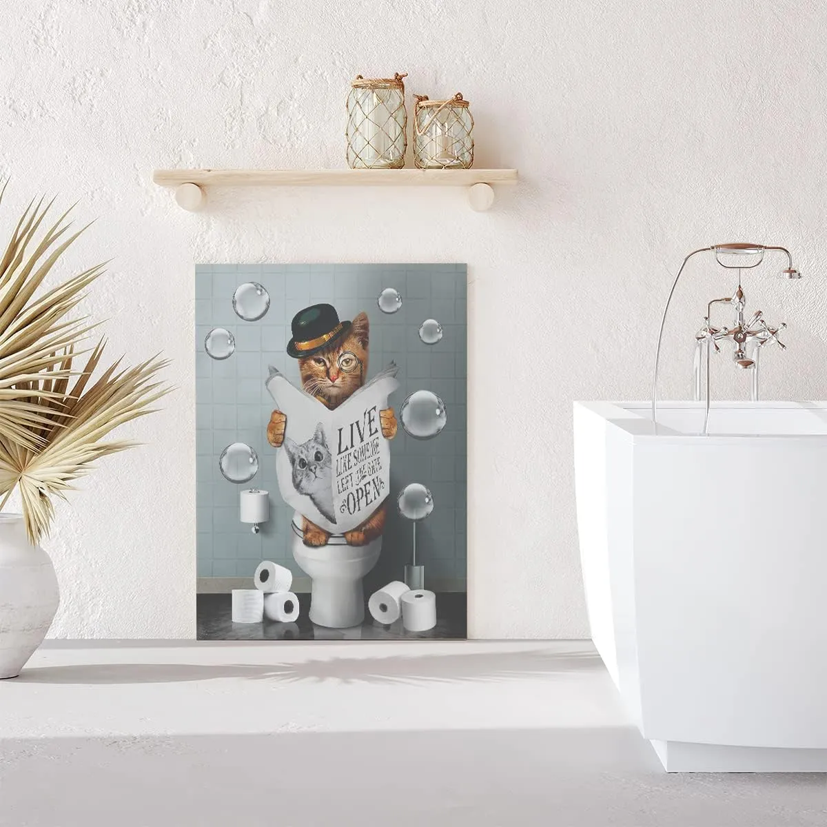 Kateflower Bathroom Decor Canvas Wall Art Cute Cat Sitting in Toilet Reading Newspaper Pictures Farmhouse Animals Painting for Artwork Framed 12''x16''