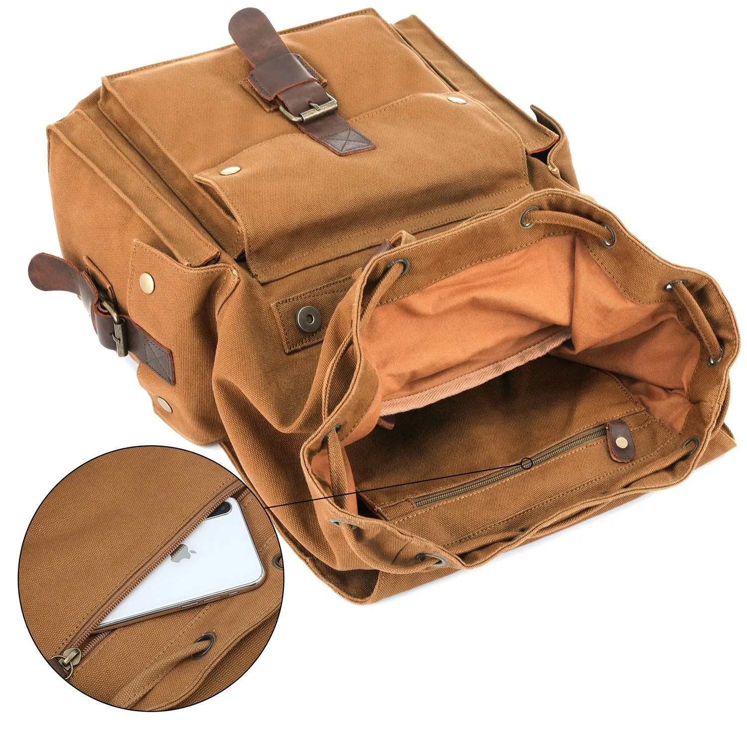Kattee Men's Leather Canvas Backpack Large School Bag Travel Rucksack Khaki