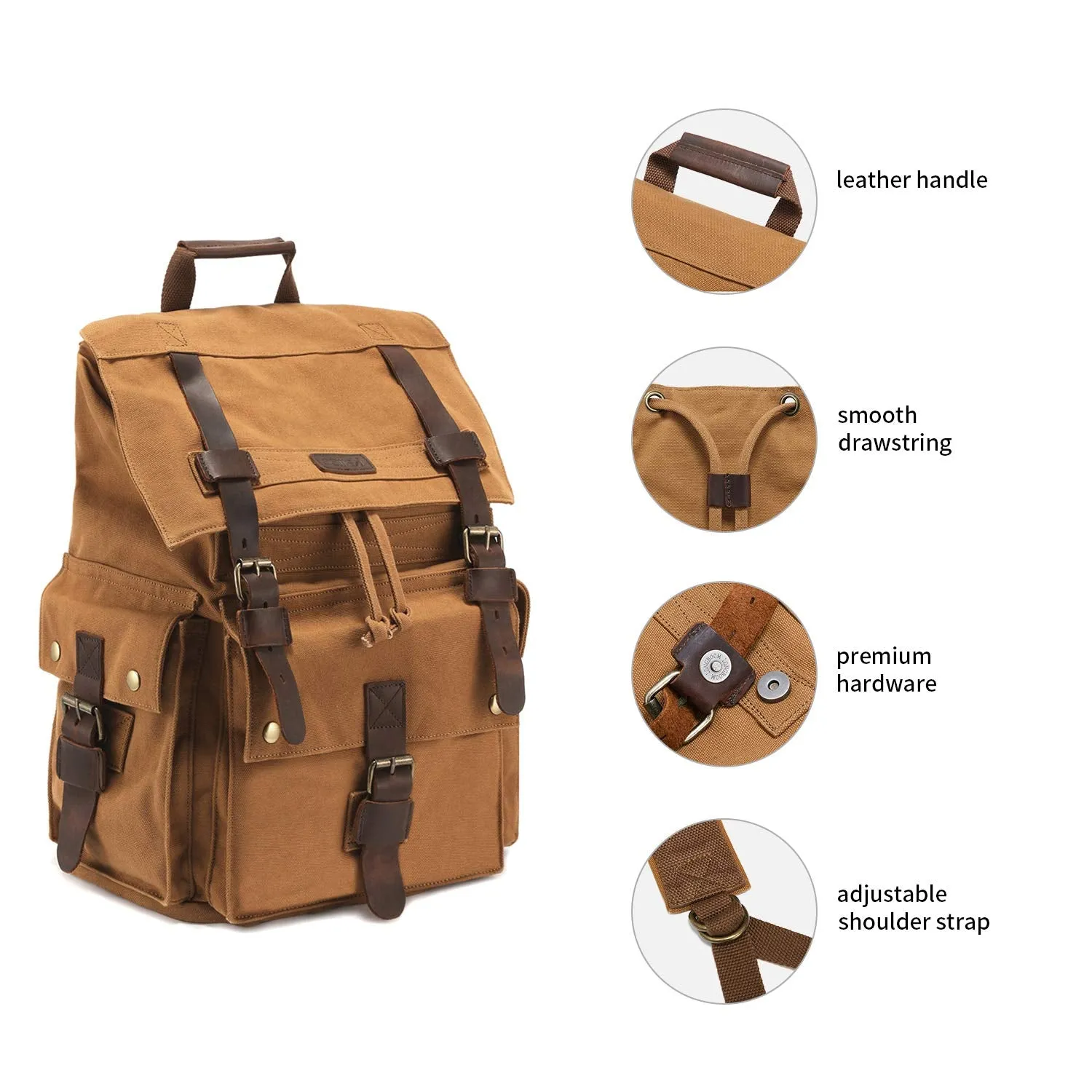 Kattee Men's Leather Canvas Backpack Large School Bag Travel Rucksack Khaki