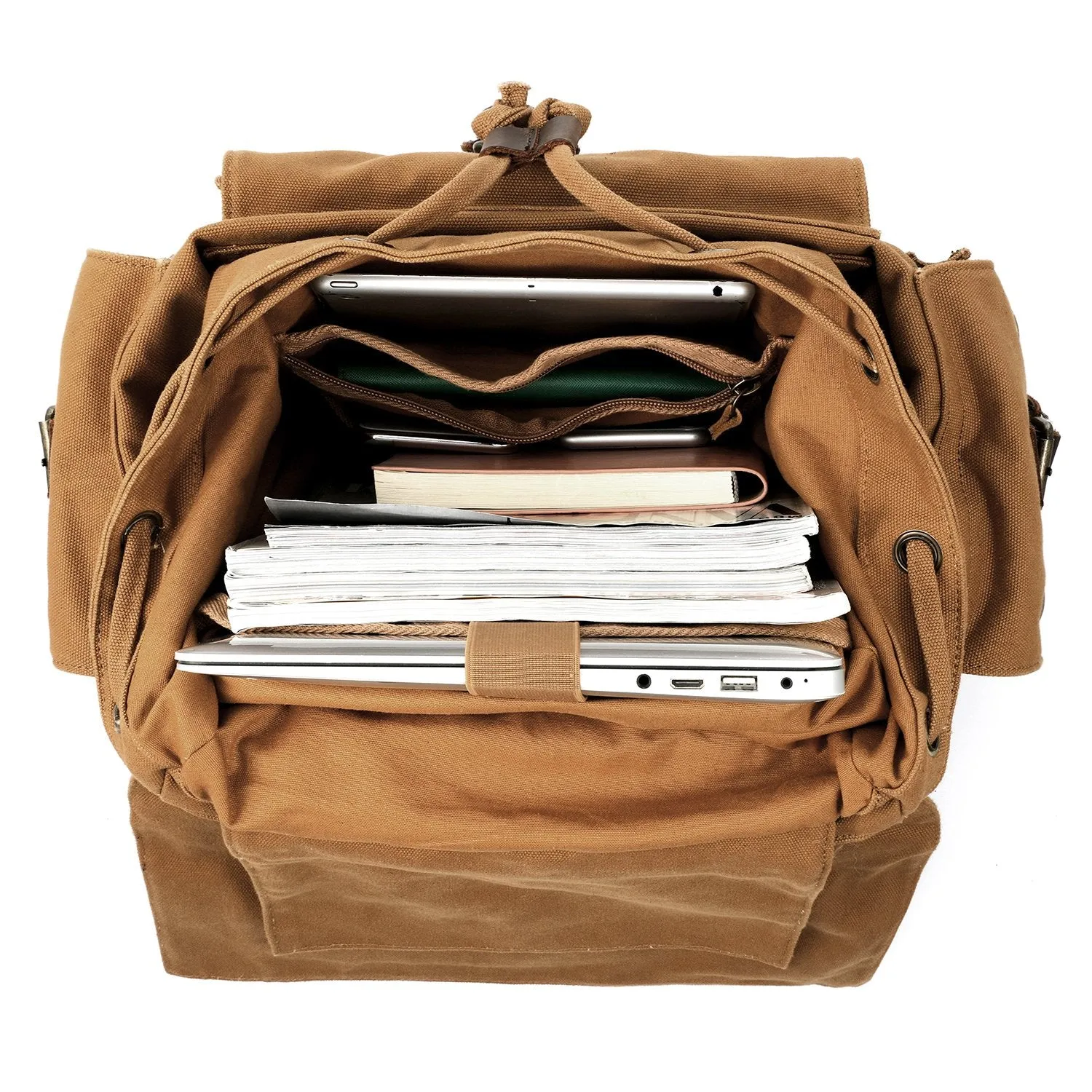 Kattee Men's Leather Canvas Backpack Large School Bag Travel Rucksack Khaki