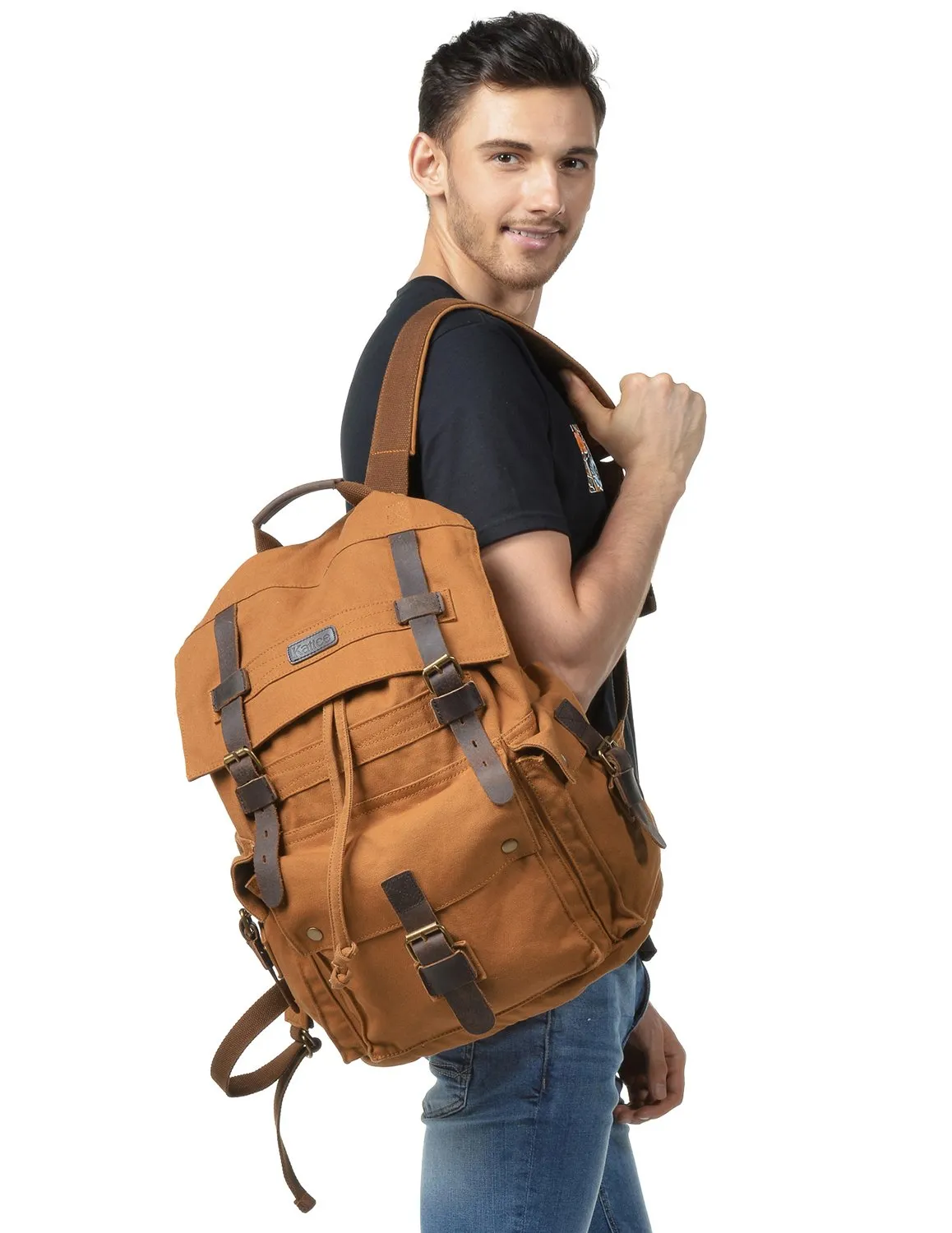 Kattee Men's Leather Canvas Backpack Large School Bag Travel Rucksack Khaki