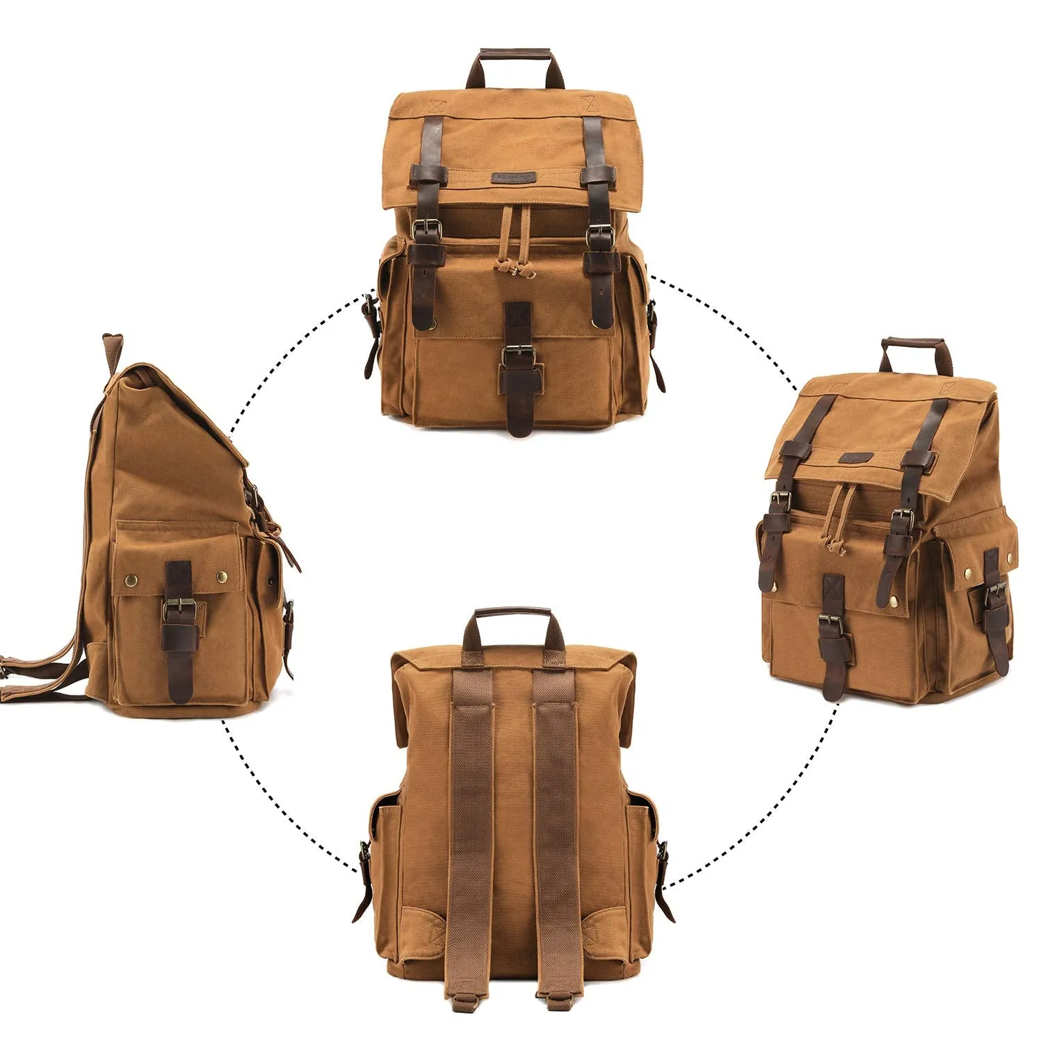 Kattee Men's Leather Canvas Backpack Large School Bag Travel Rucksack Khaki
