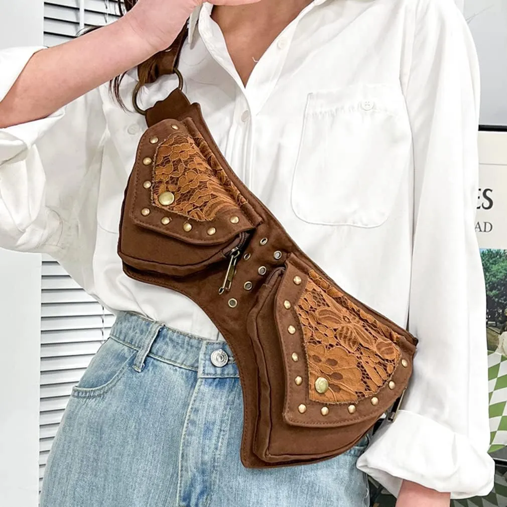 KPYWZER Cotton Fanny Pack for Women Bum Waist Bag Renaissance Faire Festival Lace Hip Belt Money Bag Womens Travel Outdoors Sports Workout Travelling Brown