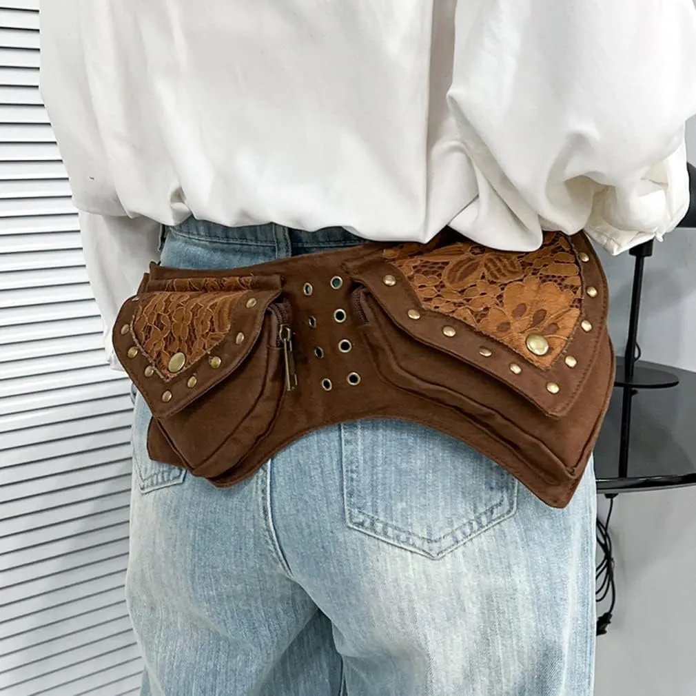 KPYWZER Cotton Fanny Pack for Women Bum Waist Bag Renaissance Faire Festival Lace Hip Belt Money Bag Womens Travel Outdoors Sports Workout Travelling Brown