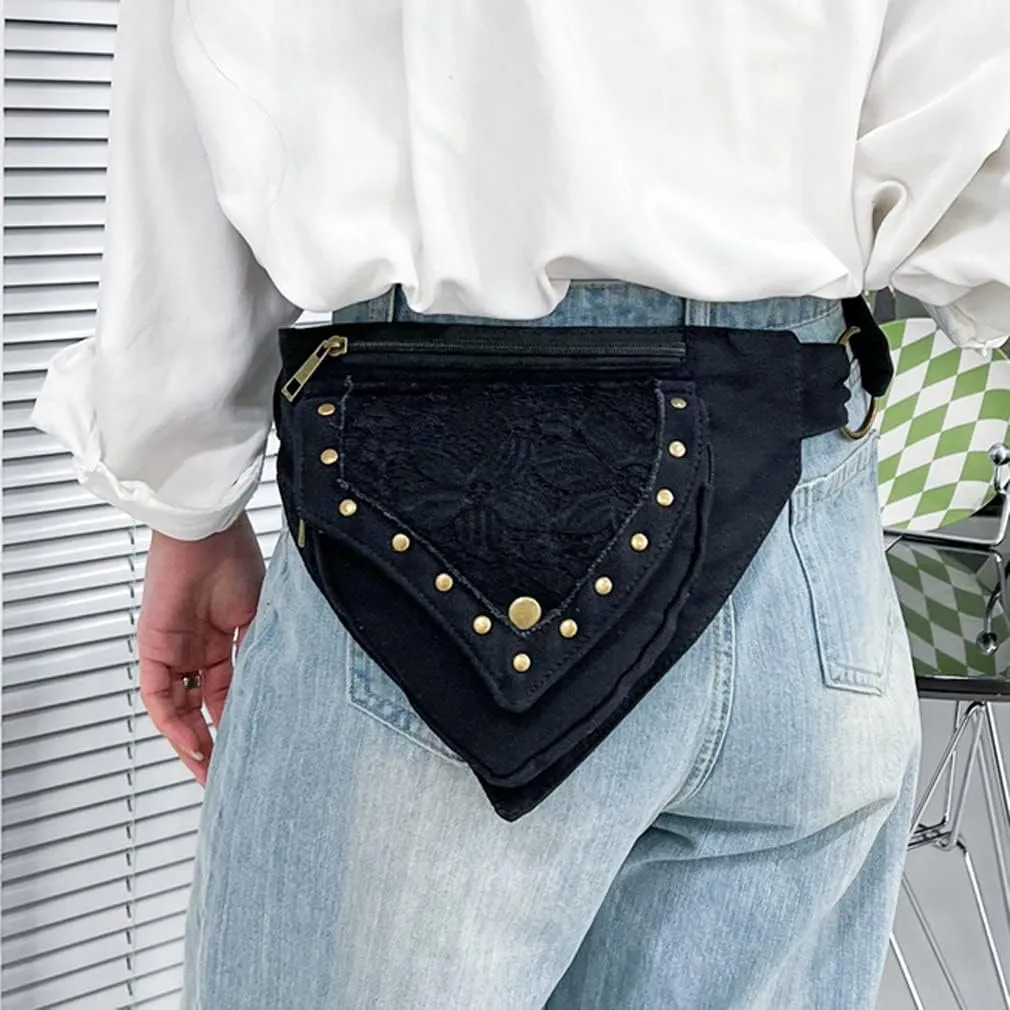 KPYWZER Cotton Waist Bag for Women Fanny Pack Renaissance Faire Festival Lace Utility Hip Belt Waist Bags Womens Travel Outdoors Black