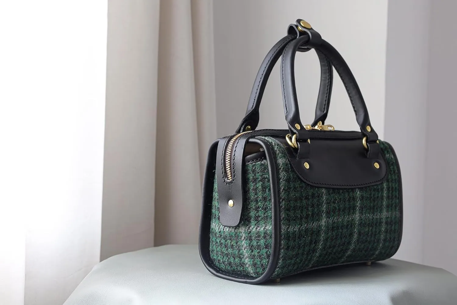 Mini Boston Bag - Lady's Wool Leather Bag Handmade Leather and Harris Tweed Shoulder Bag Top Handle Bag Every day carry (green)