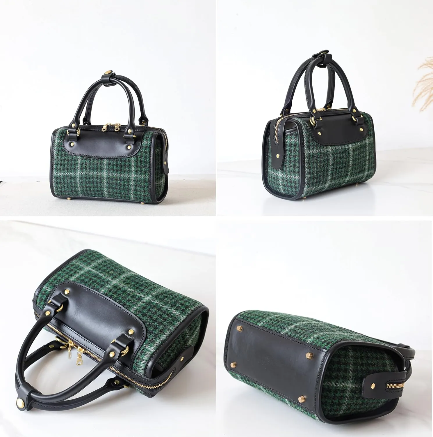 Mini Boston Bag - Lady's Wool Leather Bag Handmade Leather and Harris Tweed Shoulder Bag Top Handle Bag Every day carry (green)