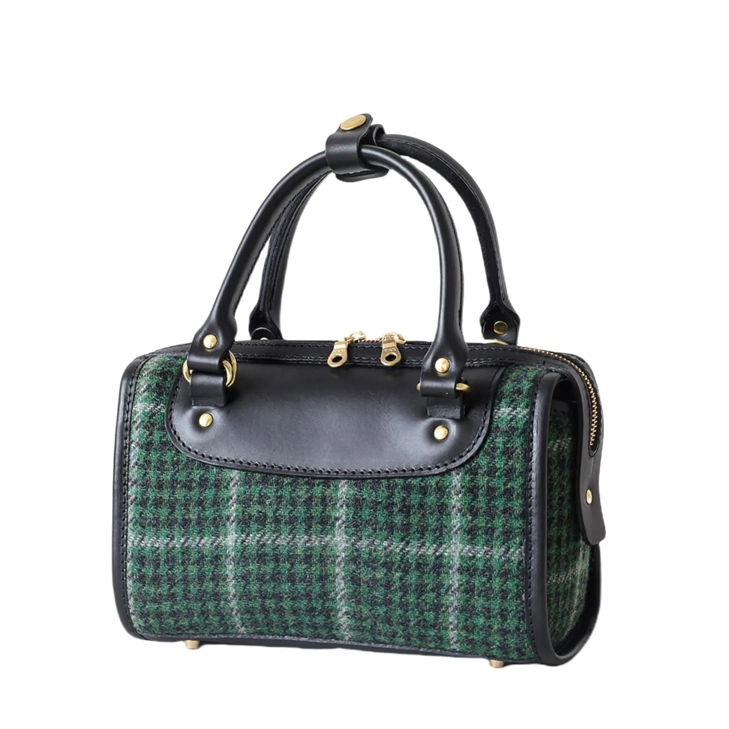 Mini Boston Bag - Lady's Wool Leather Bag Handmade Leather and Harris Tweed Shoulder Bag Top Handle Bag Every day carry (green)