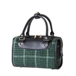 Mini Boston Bag - Lady's Wool Leather Bag Handmade Leather and Harris Tweed Shoulder Bag Top Handle Bag Every day carry (green)
