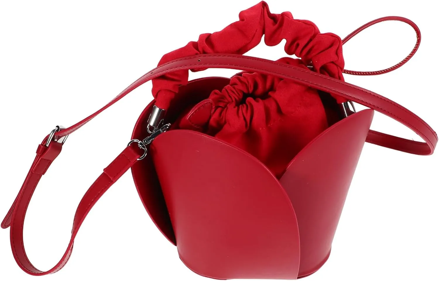 Mini Bucket Bag for Women Red Fake Leather Drawstring Closure Crossbody Handbag