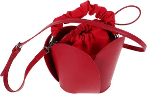 Mini Bucket Bag for Women Red Fake Leather Drawstring Closure Crossbody Handbag