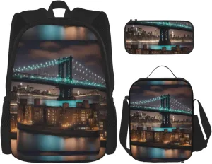 New York Manhattan Bridge Night print 3-Piece Casual Backpack Set (Backpack   Waist Bag   Small Pouch), Unisex Daypack