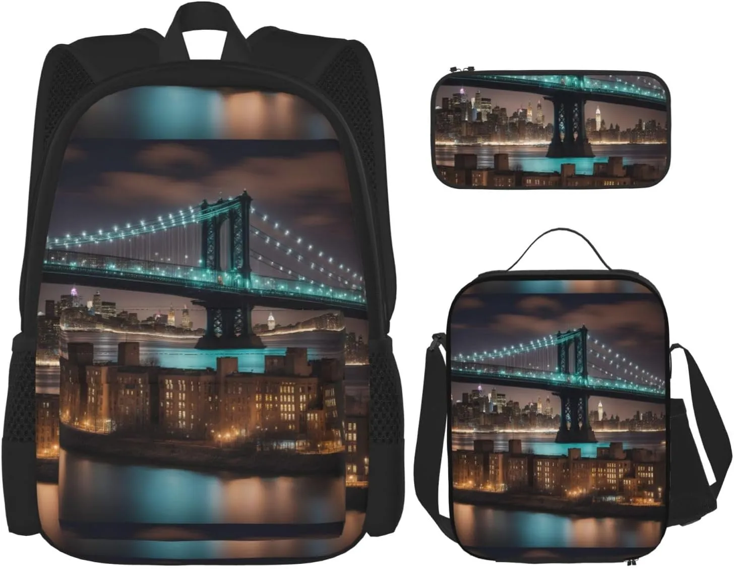 New York Manhattan Bridge Night print 3-Piece Casual Backpack Set (Backpack   Waist Bag   Small Pouch), Unisex Daypack