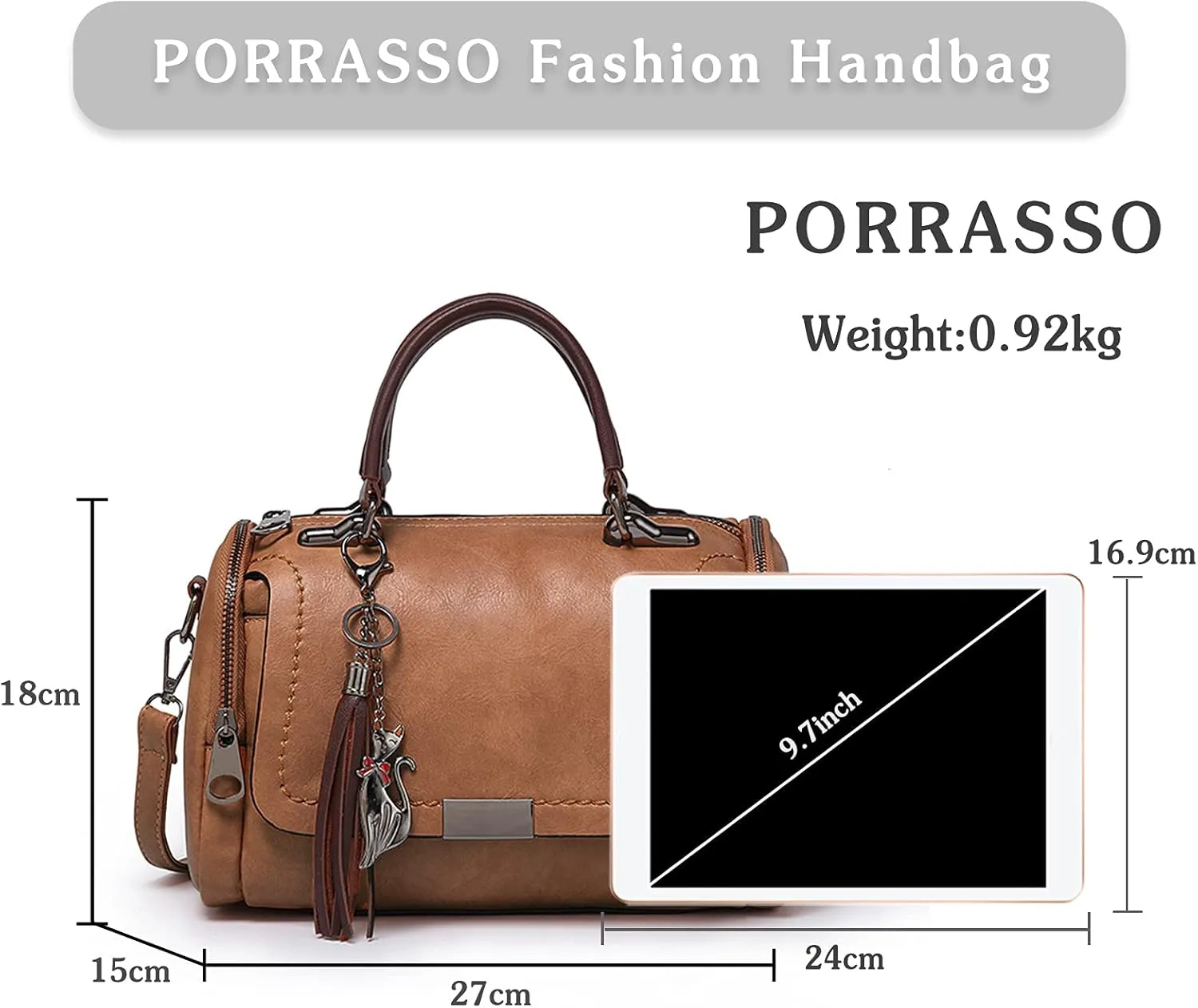 PORRASSO Retro Handbag Women Crossbody Bag Ladies Shoulder Bag Waterproof PU Leather Top-Handle Bag
