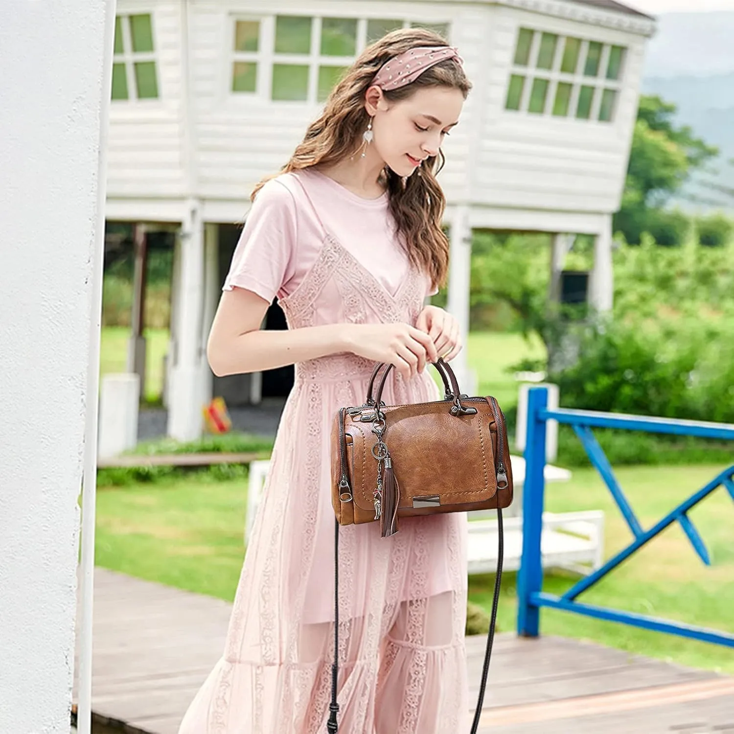 PORRASSO Retro Handbag Women Crossbody Bag Ladies Shoulder Bag Waterproof PU Leather Top-Handle Bag