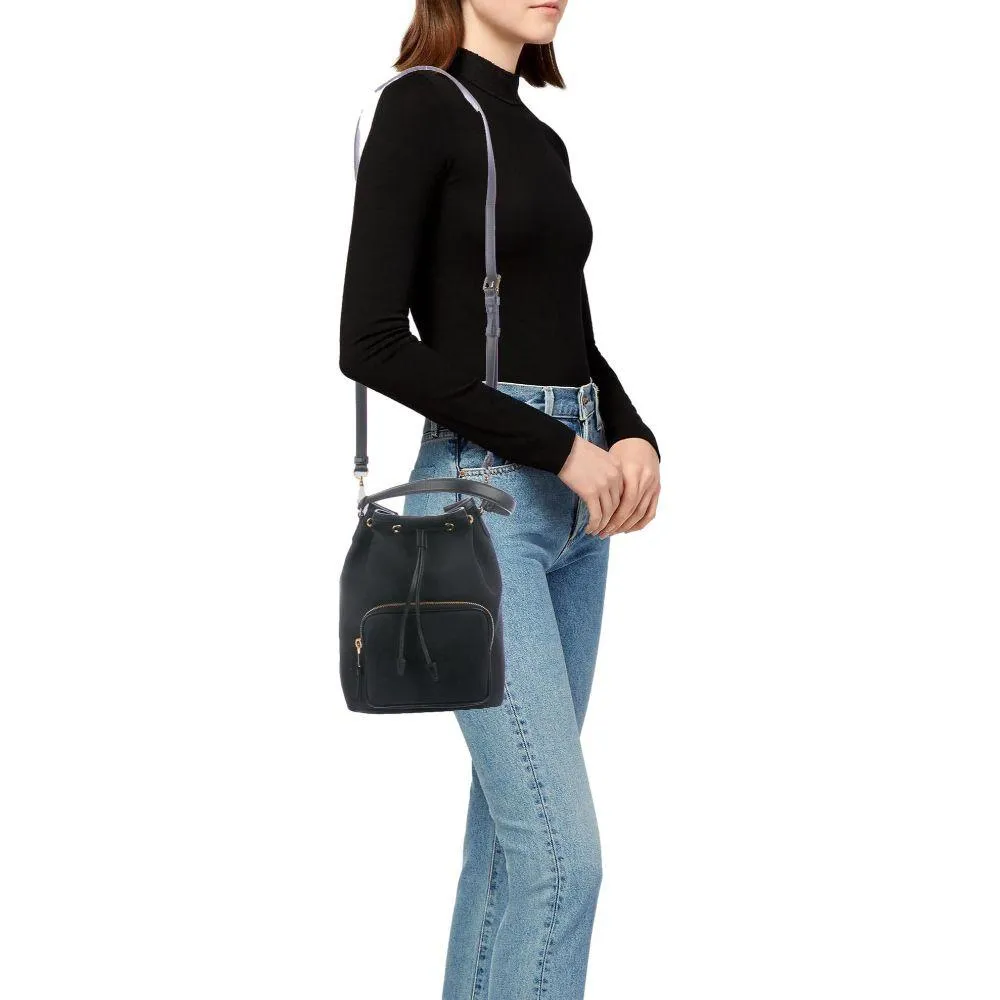 Prada Black Canvas Jacquard Logo Convertible Small Bucket Bag 1BH038