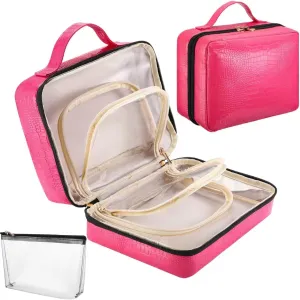 Travel Cosmetic Bag - Leather Makeup Bag Organizer with Clear Makeup Pouch, Open Flat Design with Large Capacity, Travel Makeup Case for Women Girls, Hot Pink