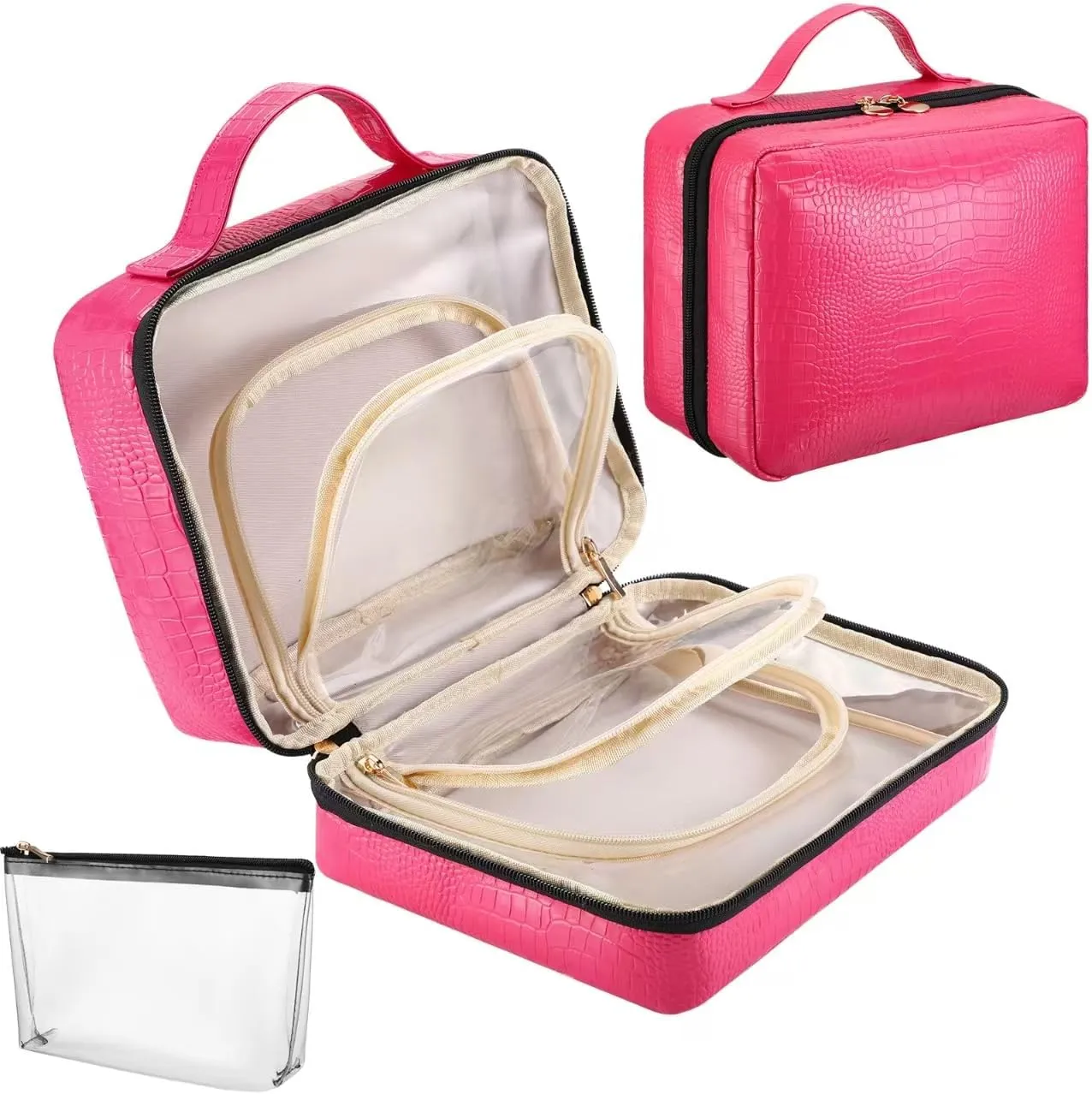 Travel Cosmetic Bag - Leather Makeup Bag Organizer with Clear Makeup Pouch, Open Flat Design with Large Capacity, Travel Makeup Case for Women Girls, Hot Pink