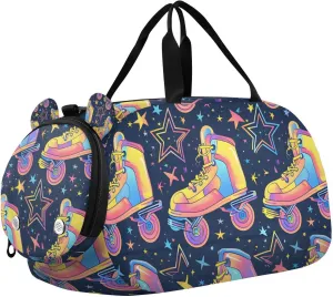 Travel Duffle Bag for Kids Boys Girls Retro Rollers Skates Disco Sports Bag Overnighter Duffle Sleepover Weekender with Shoes Compartment