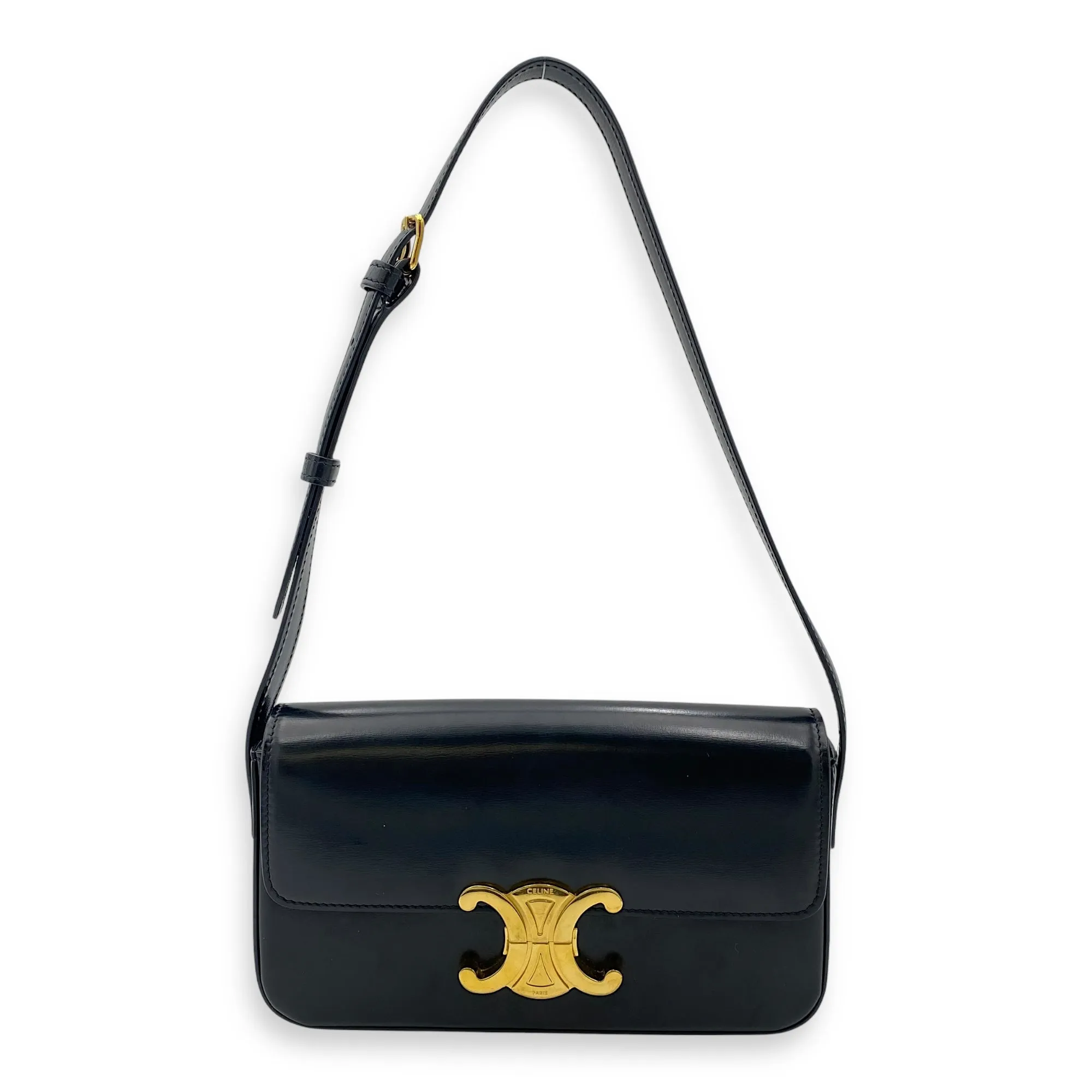 Triomphe Claude Black Shoulder Bag in Calfskin, Gold hardware