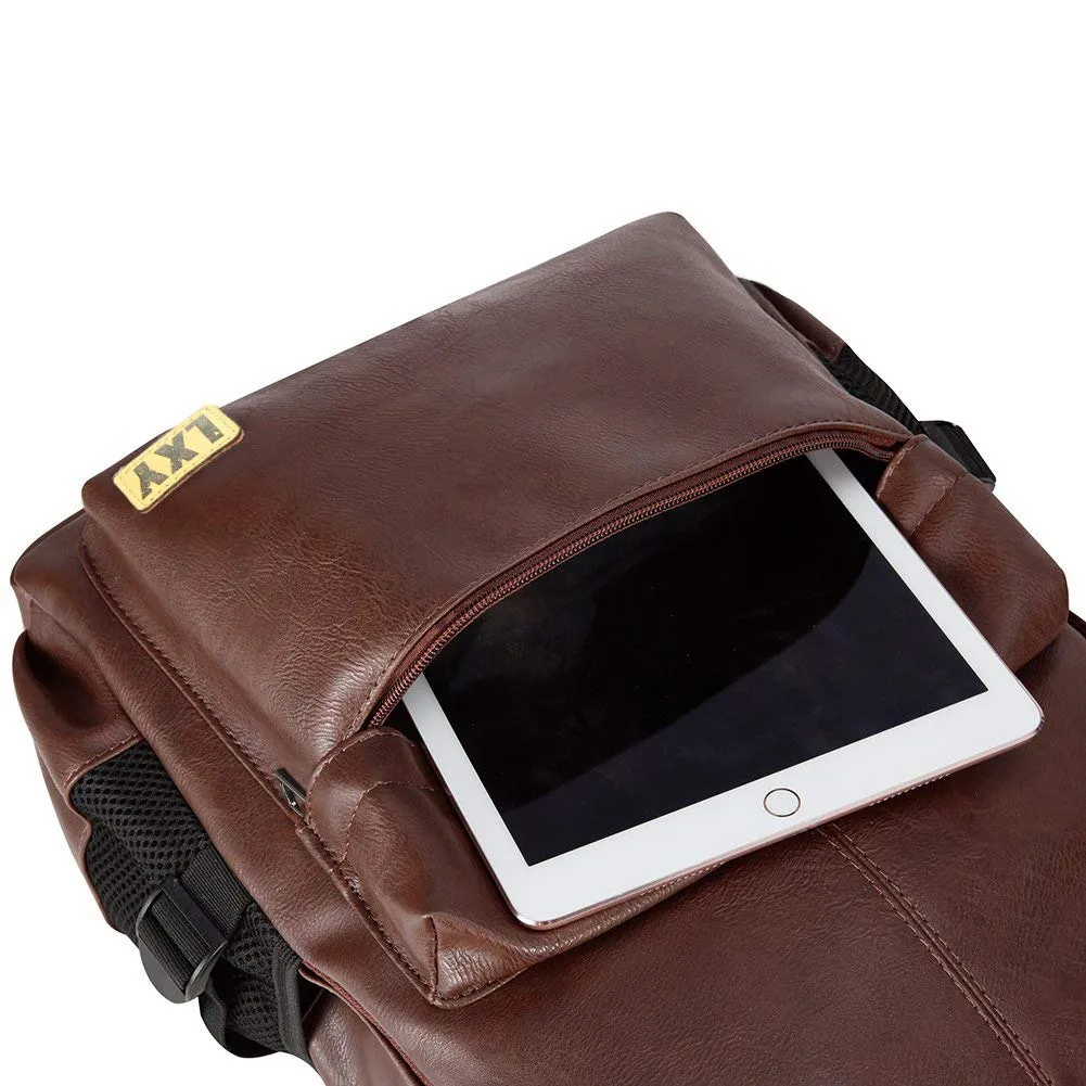 Vintage Backpack Leather Laptop Bookbag for Women Men, LXY Vegan Backpack Brown Faux Leather Bookbag School College Campus Backpack Travel Daypack