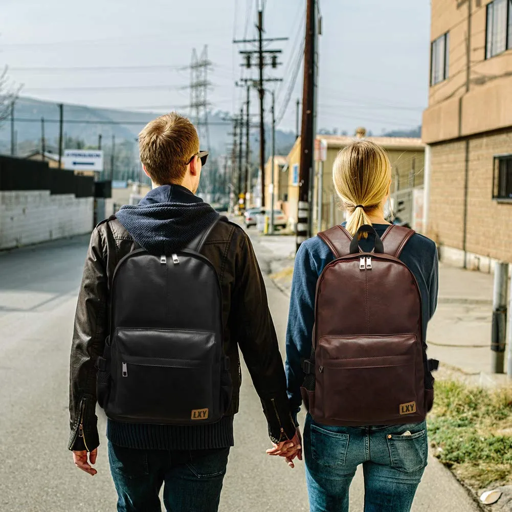 Vintage Backpack Leather Laptop Bookbag for Women Men, LXY Vegan Backpack Brown Faux Leather Bookbag School College Campus Backpack Travel Daypack