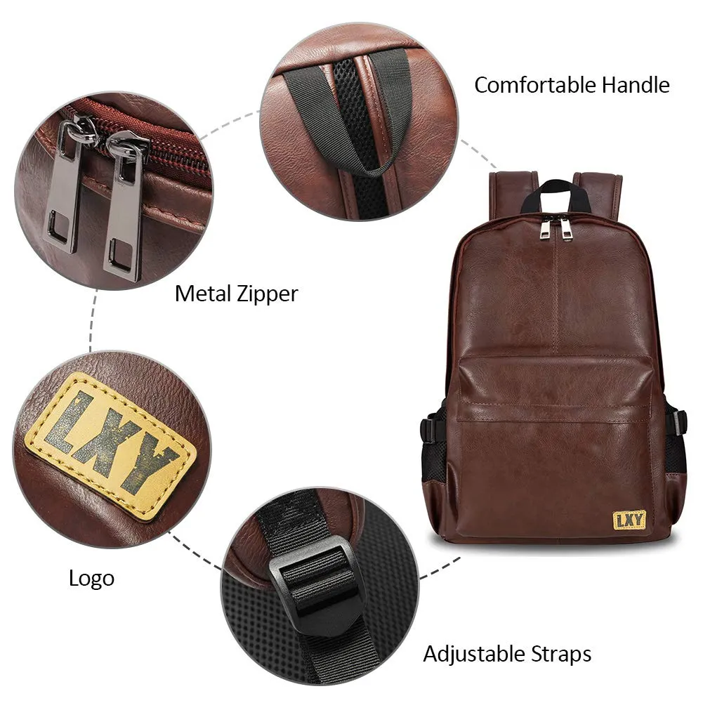 Vintage Backpack Leather Laptop Bookbag for Women Men, LXY Vegan Backpack Brown Faux Leather Bookbag School College Campus Backpack Travel Daypack