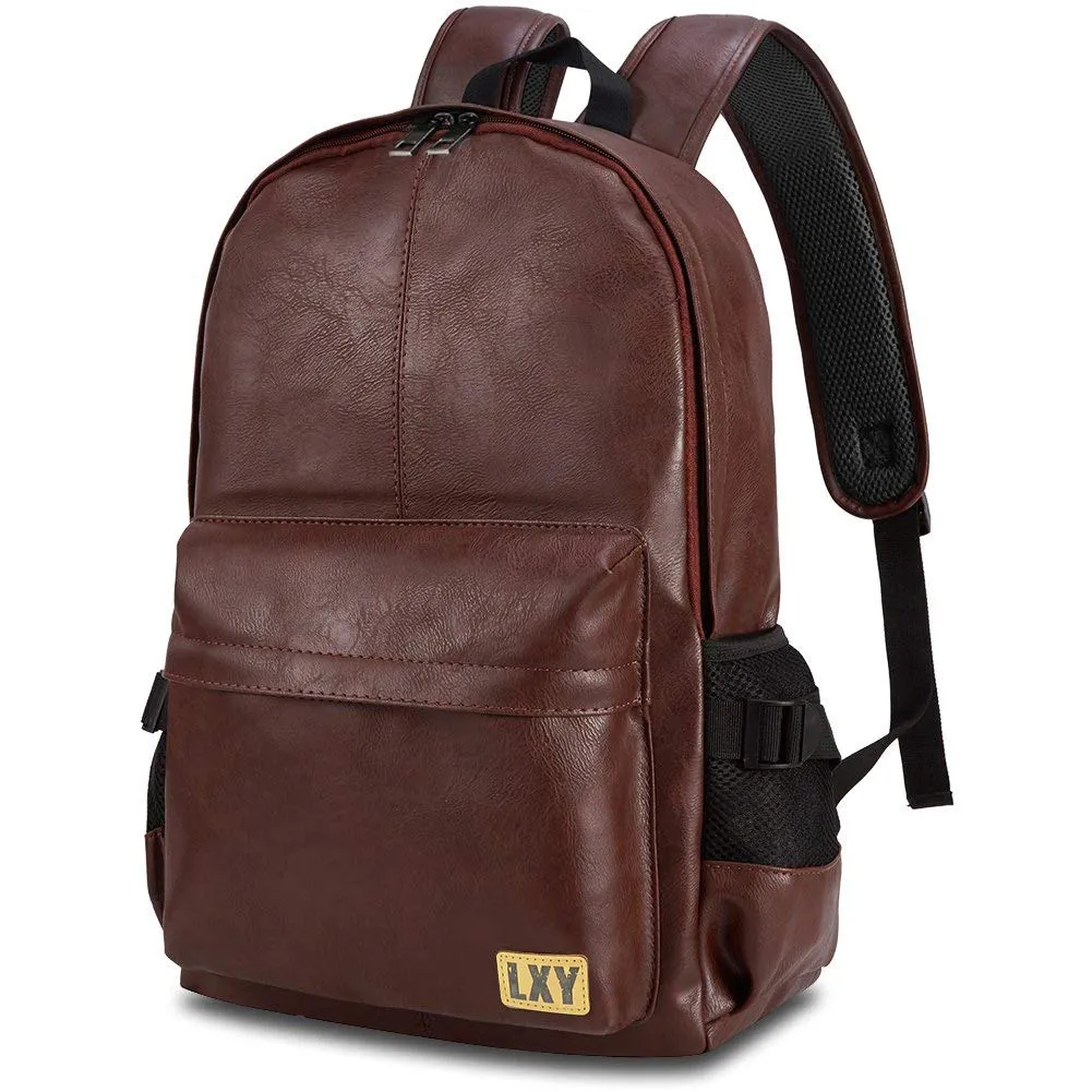 Vintage Backpack Leather Laptop Bookbag for Women Men, LXY Vegan Backpack Brown Faux Leather Bookbag School College Campus Backpack Travel Daypack