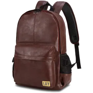 Vintage Backpack Leather Laptop Bookbag for Women Men, LXY Vegan Backpack Brown Faux Leather Bookbag School College Campus Backpack Travel Daypack