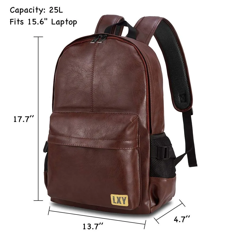 Vintage Backpack Leather Laptop Bookbag for Women Men, LXY Vegan Backpack Brown Faux Leather Bookbag School College Campus Backpack Travel Daypack