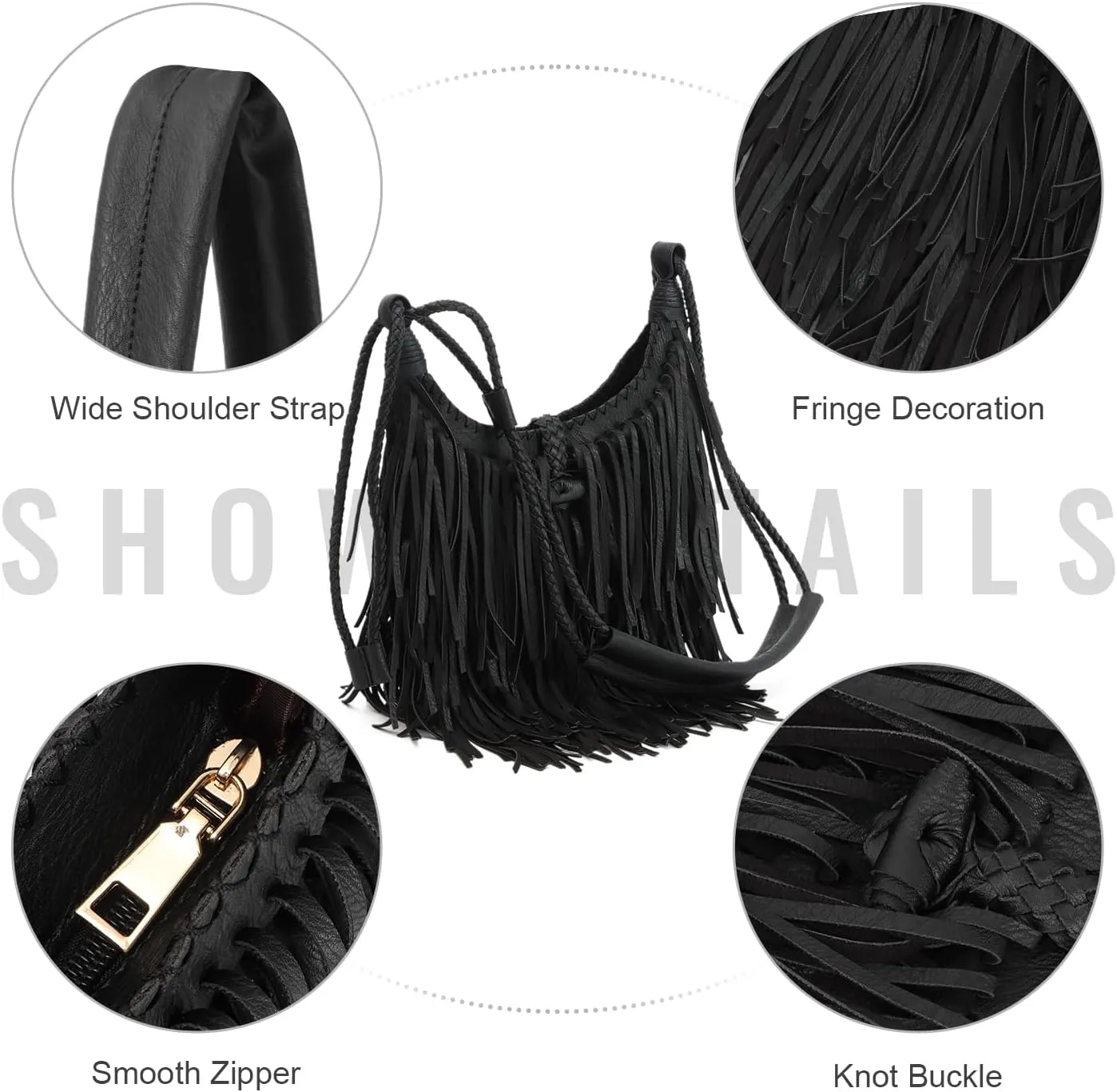 Vintage Fringe Hobo Bag for Women - Black Fringe Purse with Tassel Satchel Shoulder Bag