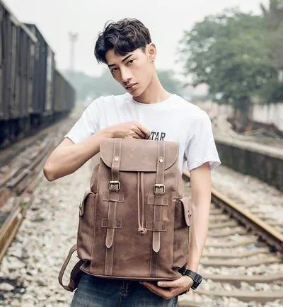 Vintage Mens Leather Backpack Drawstring Travel