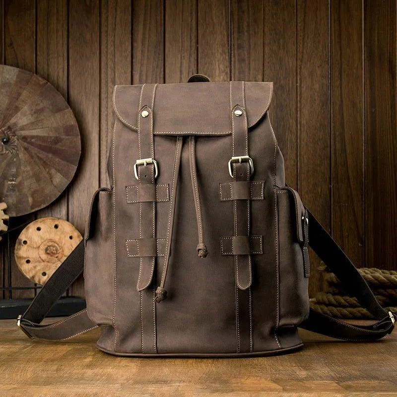 Vintage Mens Leather Backpack Drawstring Travel
