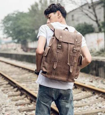 Vintage Mens Leather Backpack Drawstring Travel